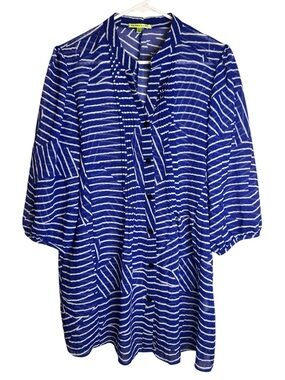 Trisha Tyler Blue White Striped Pattern Button-Front Blouse Tunic TT11005 Large
